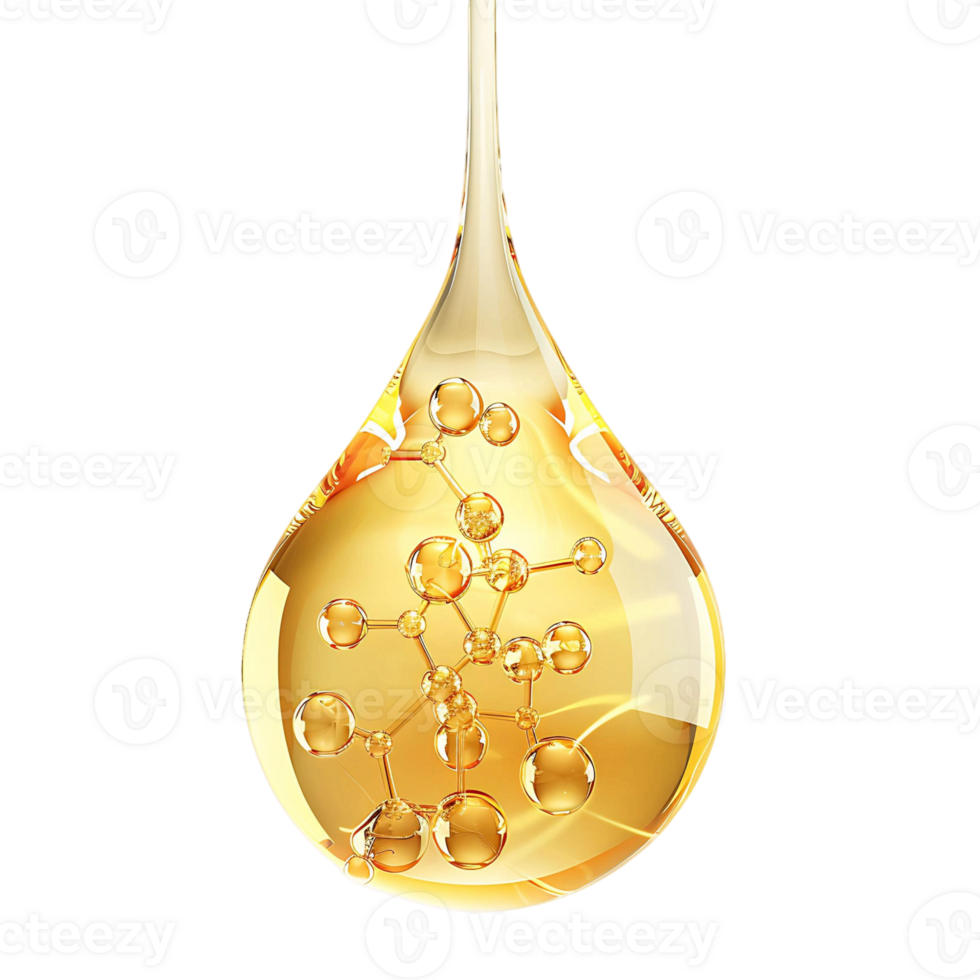 Premium Golden Liquid Water Drop and Molecule Isolated png