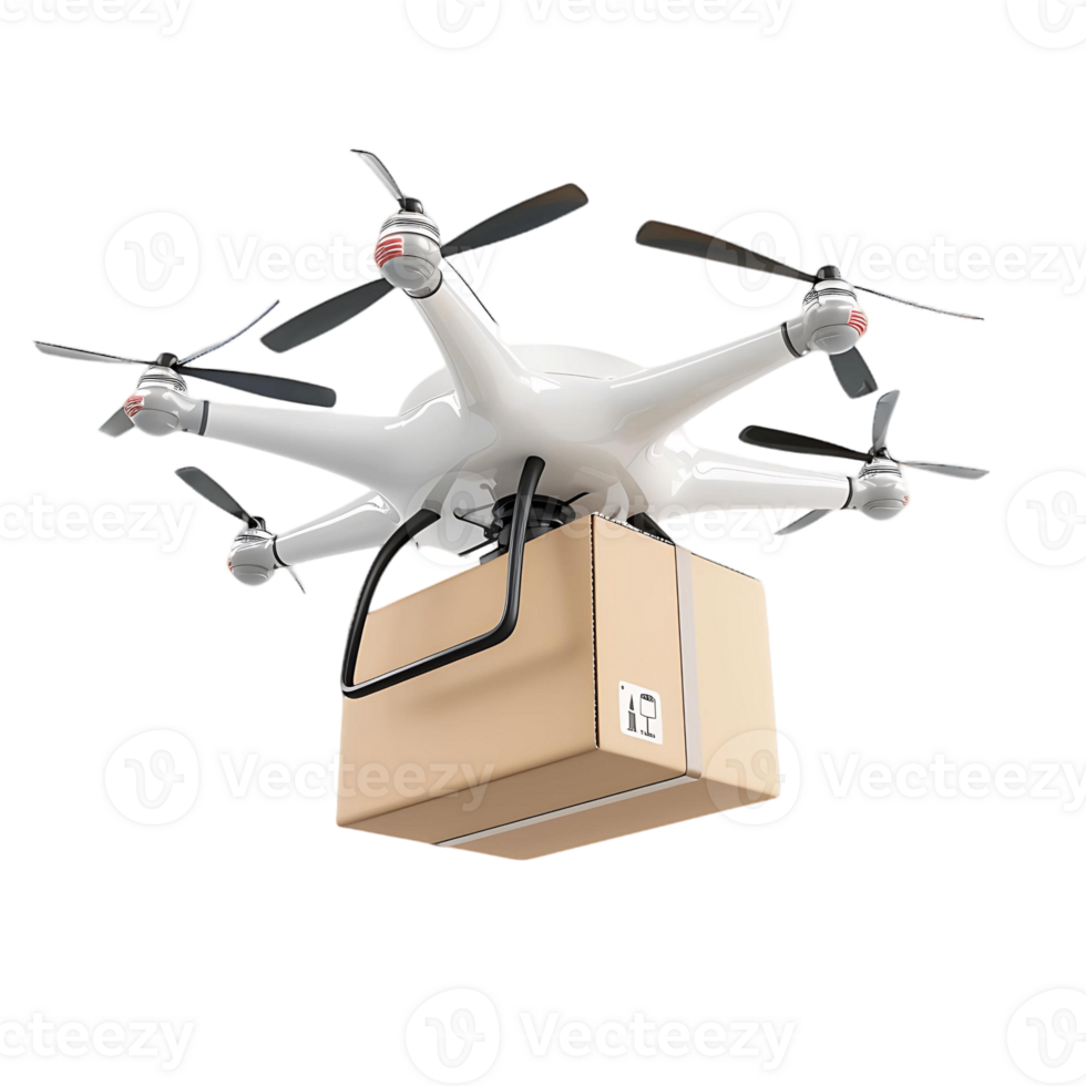 Drone Flying with Package Box 3D Rendering on Transparent png
