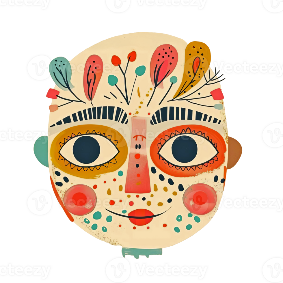 A cheerful, stylized face with vibrant colors and whimsical details png