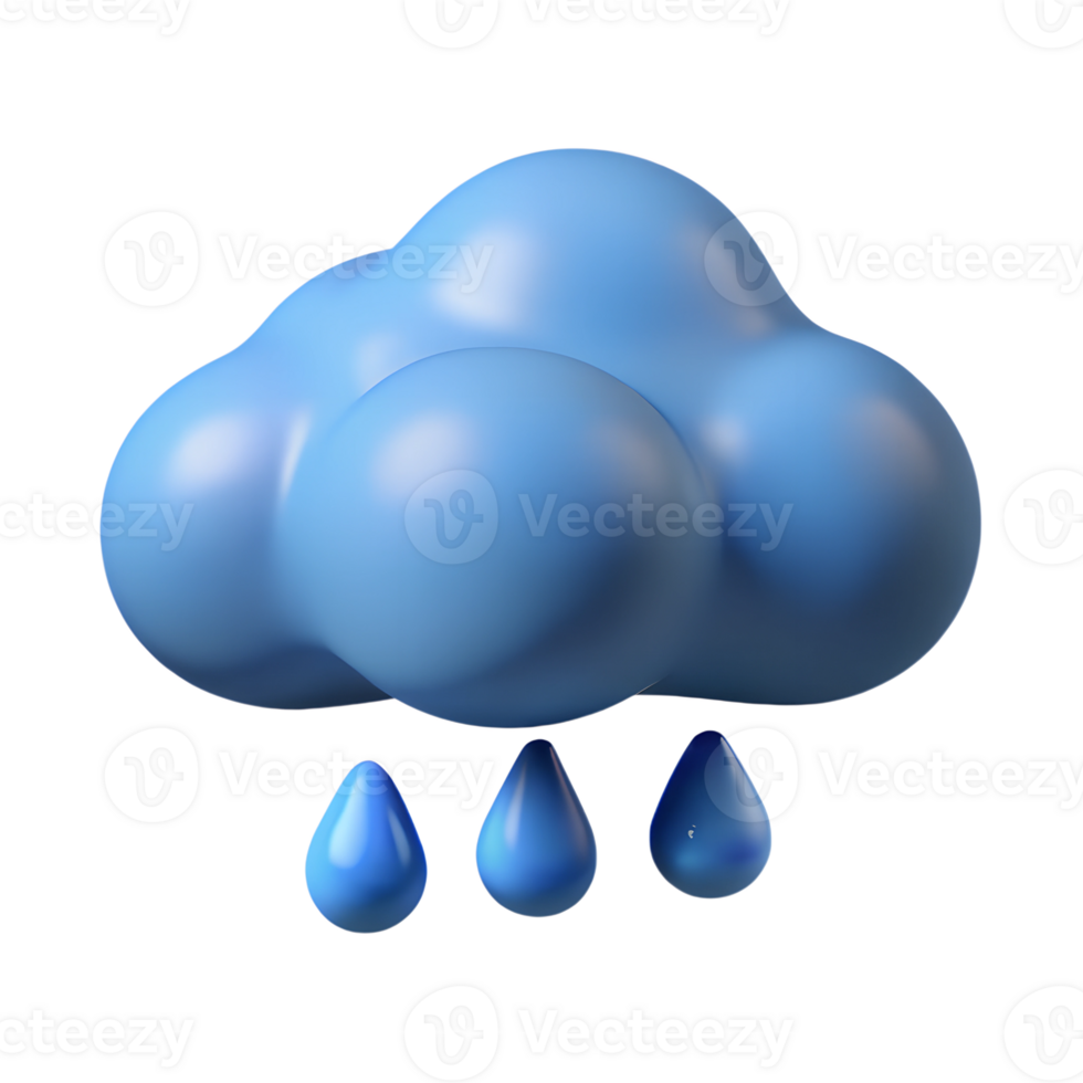 Cartoon cloud with rain drops 3d illustration isolated on the transparent background png