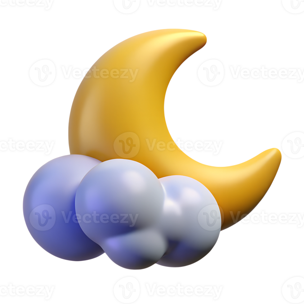 Cartoon yellow crescent with cloud 3d illustration isolated on the transparent background png