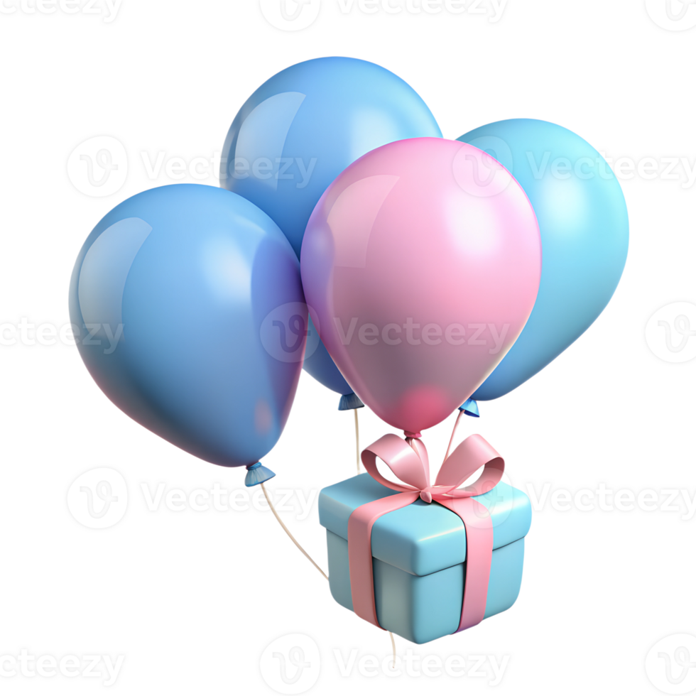 roze en blauw ballonnen met geschenk doos 3d illustratie. geslacht partij concept ontwerp png