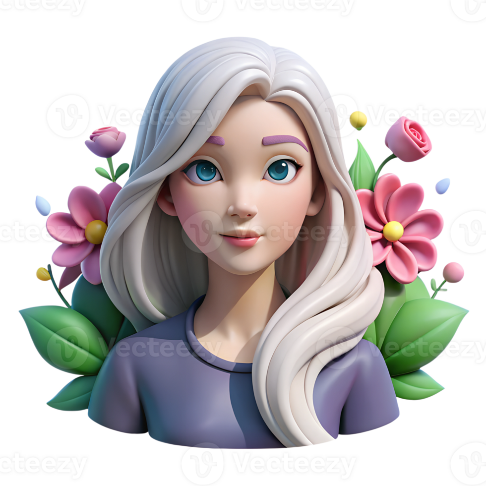 skön kvinna karaktär med vit hår och blå ögon i främre av skön blommor 3d illustration png