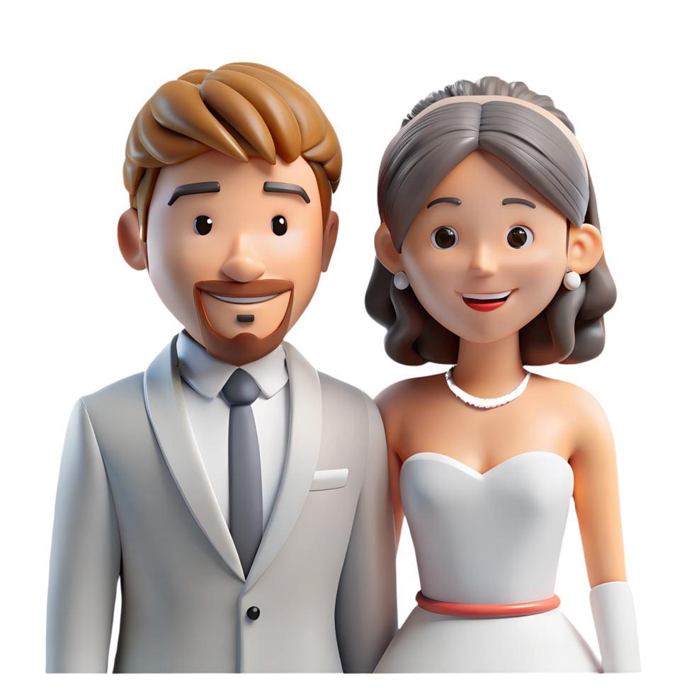 Couple of happy groom and bride 3d illustration isolated on the transparent background. Wedding concept design art png