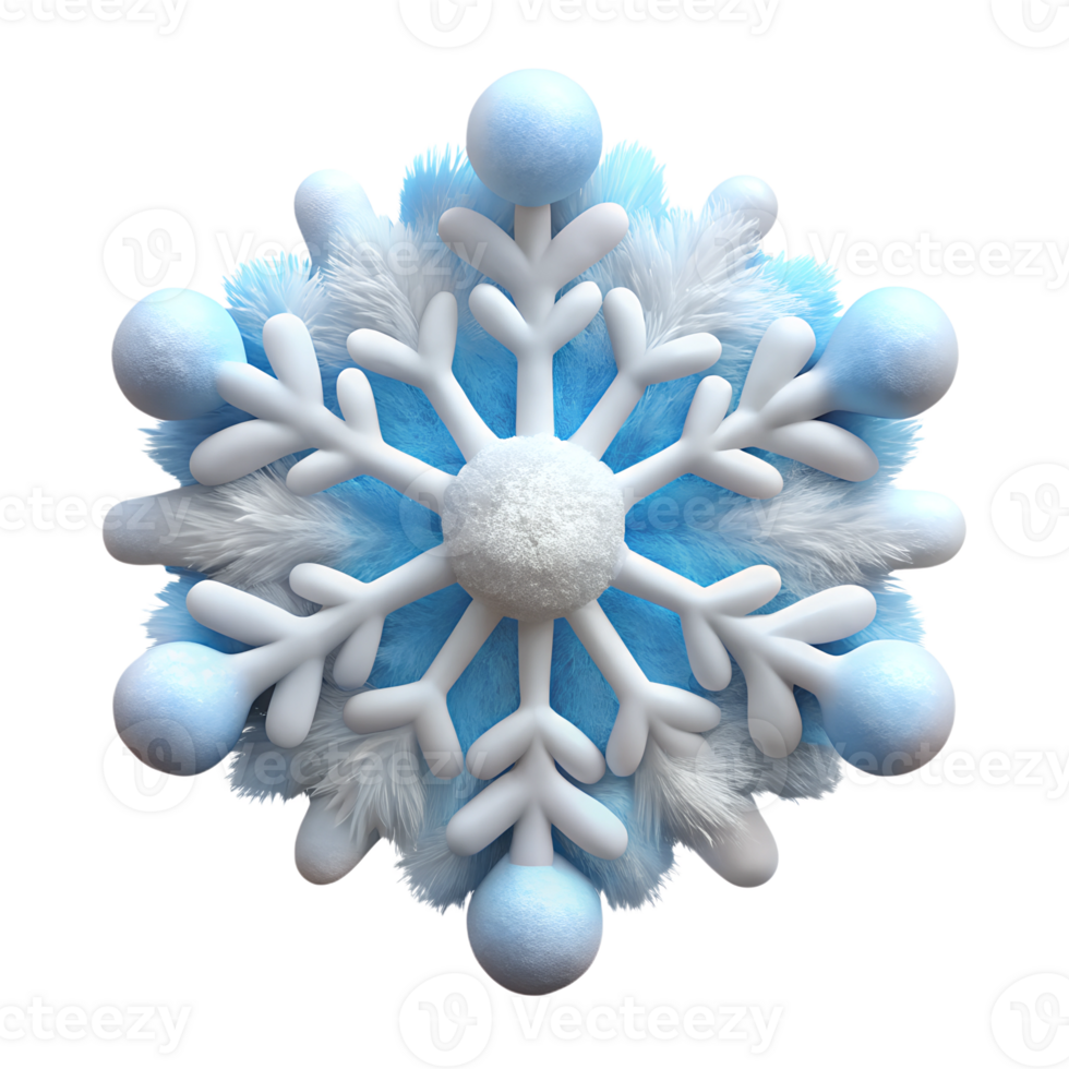 Blue fluffy snowflake 3d rendered illustration isolated on the transparent background png