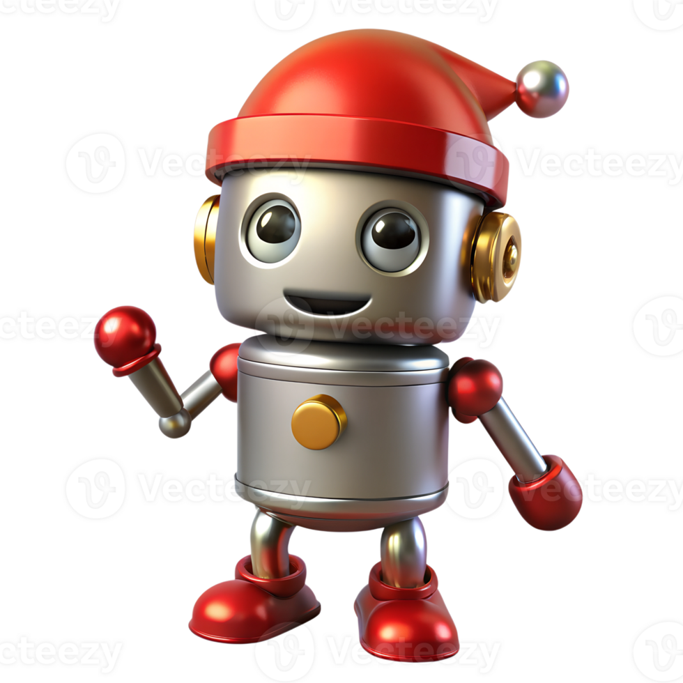 Cute metallic android robot wearing christmas red hat 3d illustration isolated on the transparent background png