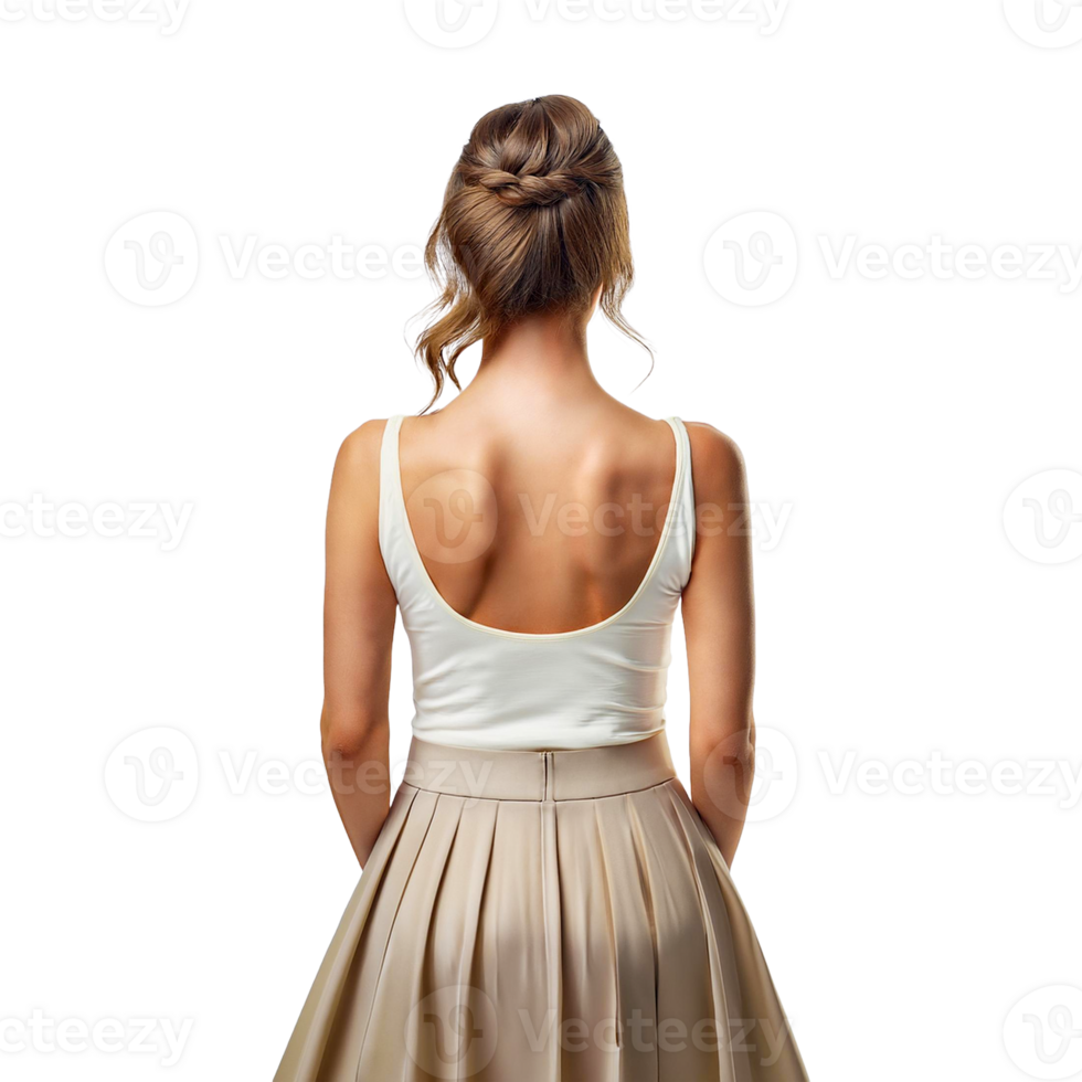 Back view of a woman in a white top and a tan skirt png