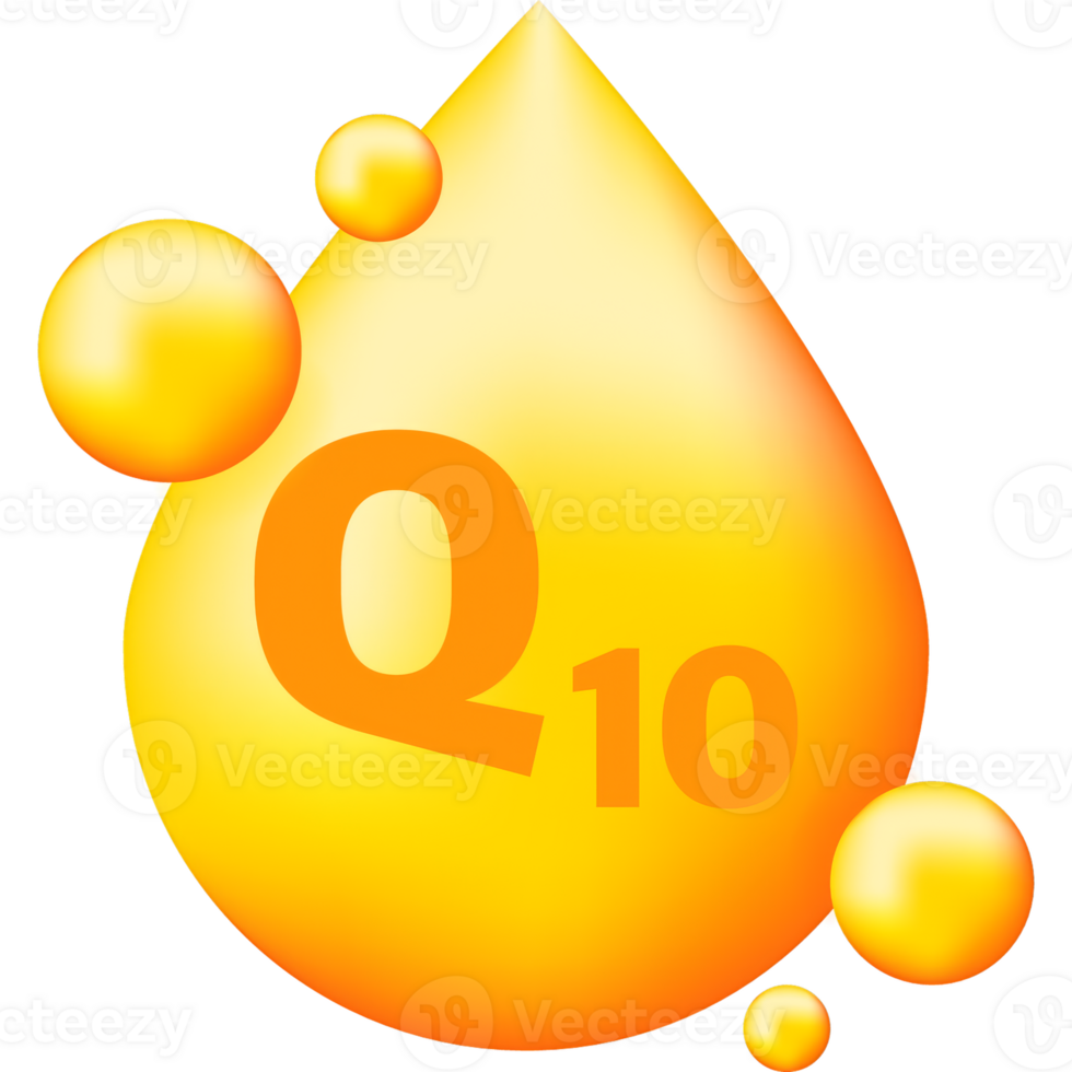 Vitamin complex Q10 with realistic drop on gray background. Particles of vitamins in the middle. illustration. png