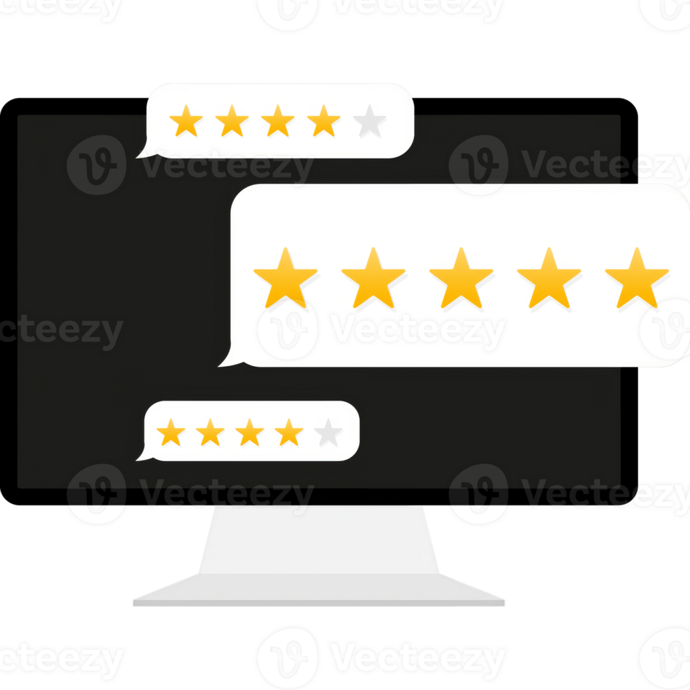 Customer review with gold star icon in laptop screen. illustration. png