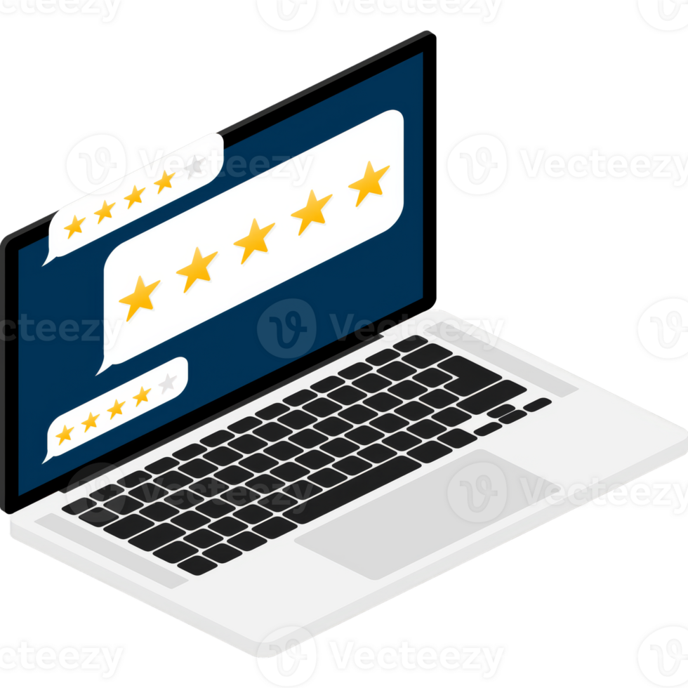 Customer review with gold star icon in laptop screen. illustration. png