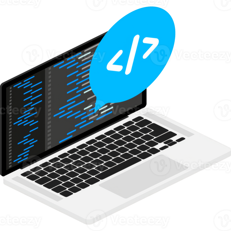 Cross-platform software. Coding laptop. Digital learning. Flat isometric illustration. Laptop screen. png
