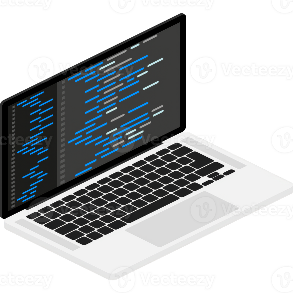 Cross-platform software. Coding laptop. Digital learning. Flat isometric illustration. Laptop screen. png
