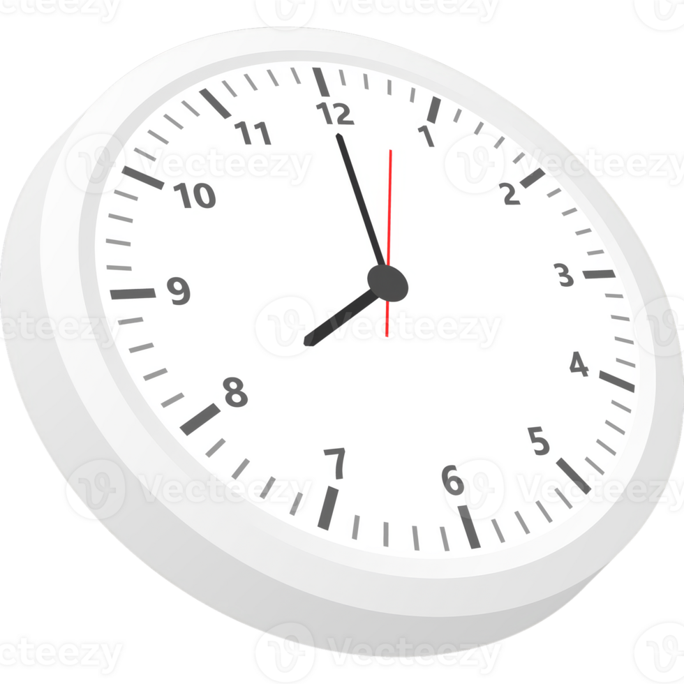 Realistic office clock. Wall round watches with time arrows and clock face in isometric position. illustration. png