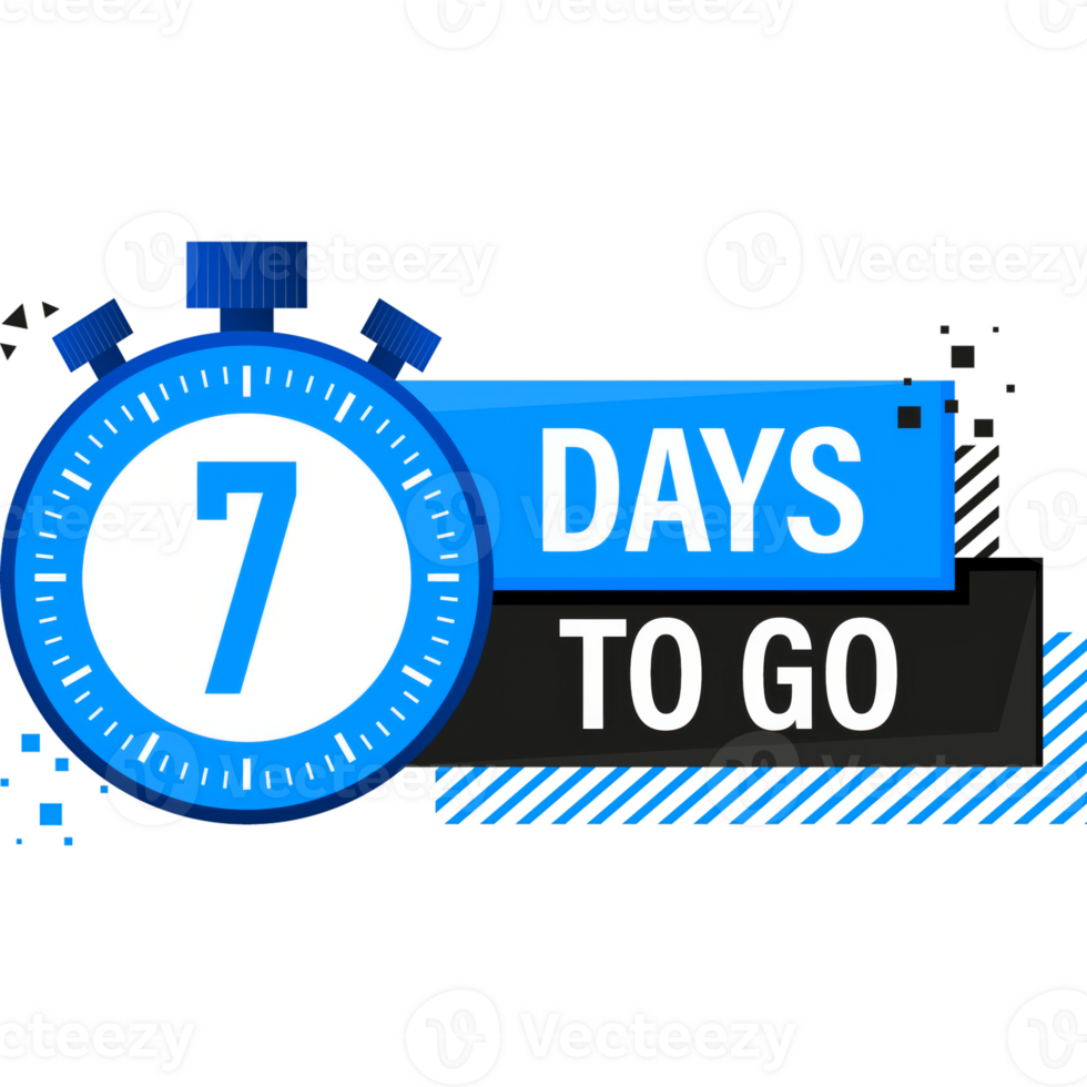 Seven Days To Go Timer Label, blue emblem banner. illustration. png