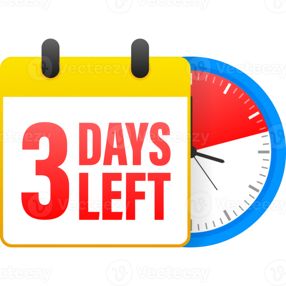 3 days left calendar. Clock icon symbol illustration. Holiday concept. Timer icon symbol illustration. sign. Countdown calendar. png