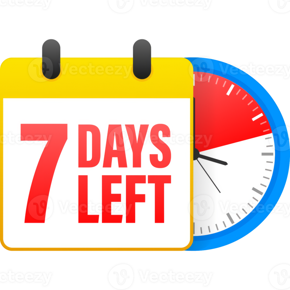 7 days left calendar. Clock icon symbol illustration. Holiday concept. Timer icon symbol illustration. sign. Countdown calendar. png