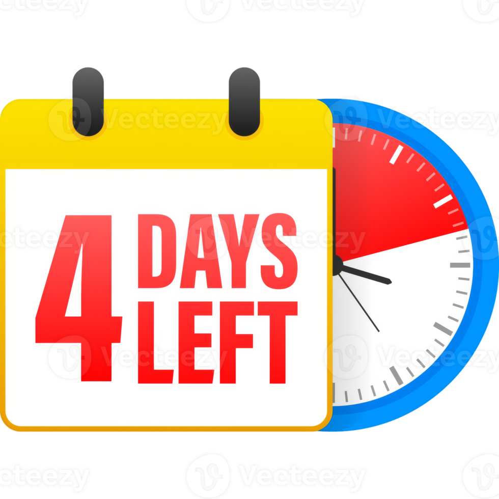 4 days left calendar. Clock icon symbol illustration. Holiday concept. Timer icon symbol illustration. sign. Countdown calendar. png
