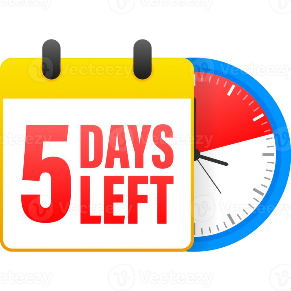 5 days left calendar. Clock icon symbol illustration. Holiday concept. Timer icon symbol illustration. sign. Countdown calendar. png