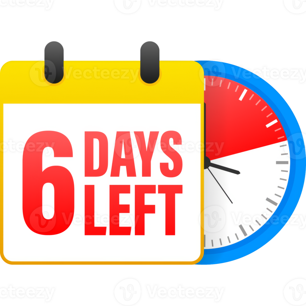 6 days left calendar. Clock icon symbol illustration. Holiday concept. Timer icon symbol illustration. sign. Countdown calendar. png