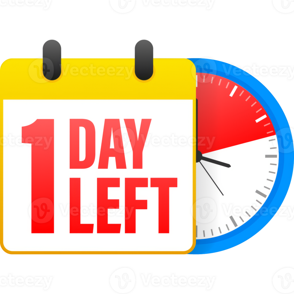 1 day left calendar. Clock icon symbol illustration. Holiday concept. Timer icon symbol illustration. sign. Countdown calendar. png
