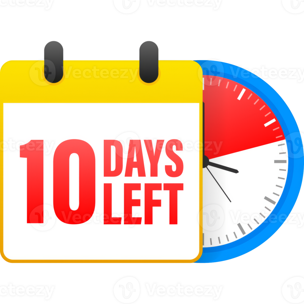 10 days left calendar. Clock icon symbol illustration. Holiday concept. Timer icon symbol illustration. sign. Countdown calendar. png
