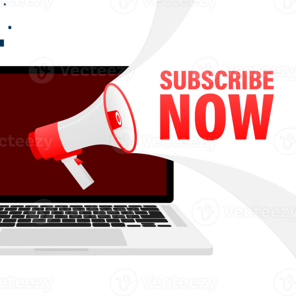 Red megaphone subscribe banner on white background. illustration. png