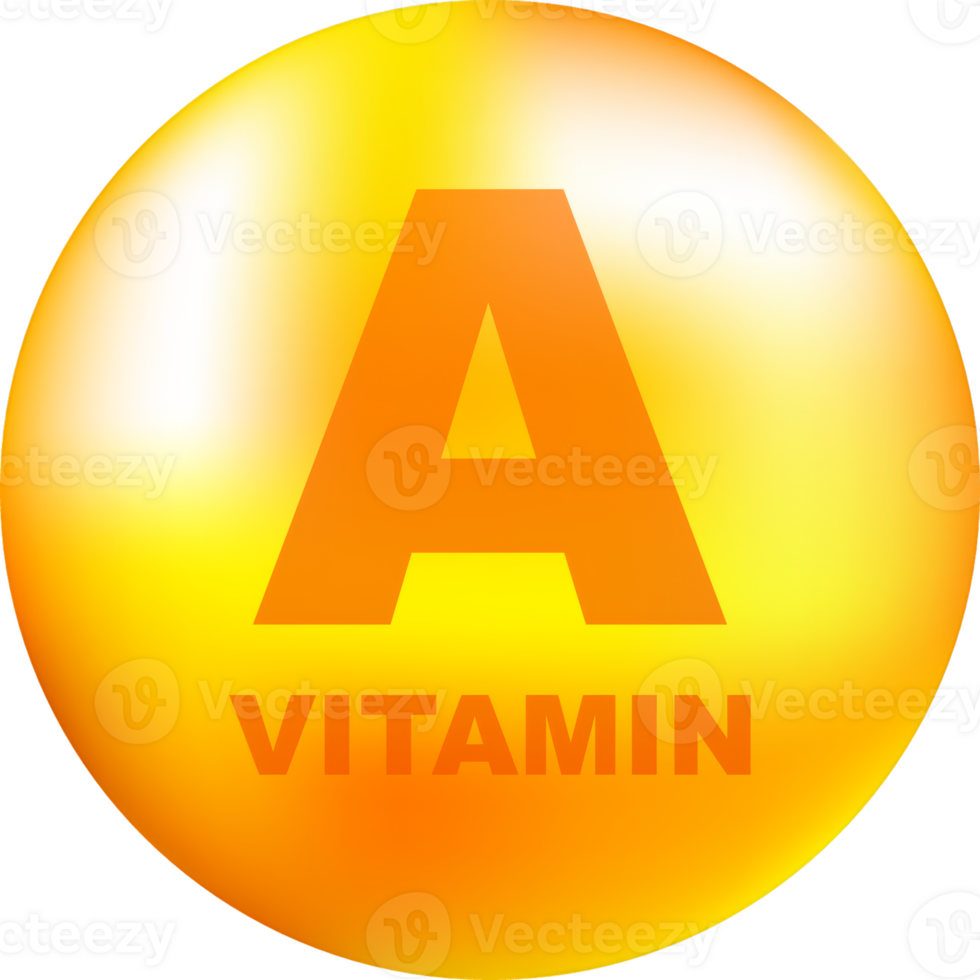 Vitamin A with realistic drop on gray background. Particles of vitamins in the middle. illustration. png