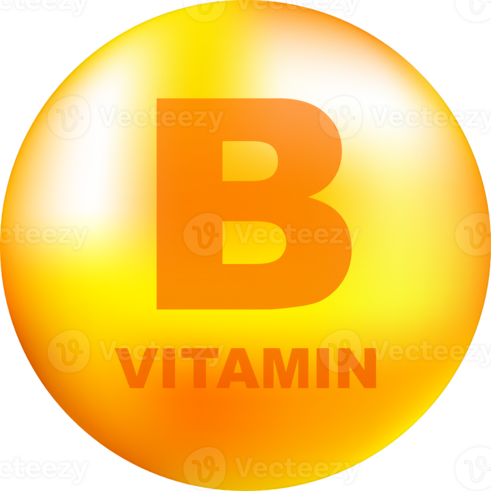 Vitamin B with realistic drop on gray background. Particles of vitamins in the middle. illustration. png