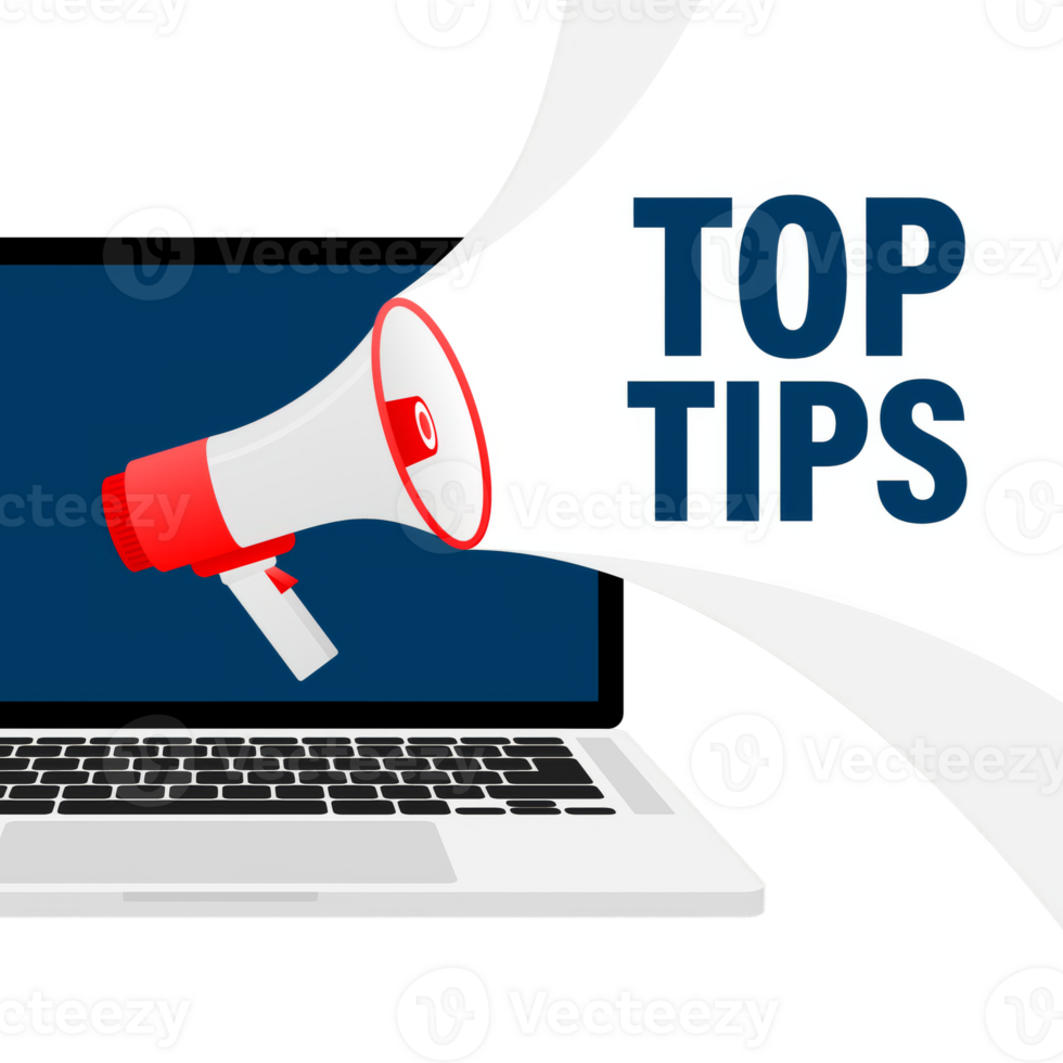 Red megaphone with top tops concept on blue background. illustration on white background. png