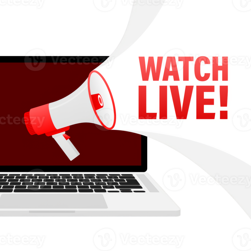 Megaphone with watch live. Laptop with megaphone isolated on red background. png