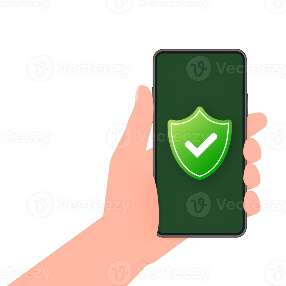 Hand holds phone with secure sign on screen on green background. illustration. png