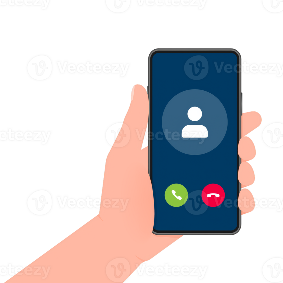 Hand holds phone with call Incoming call on screen on white background. illustration. png