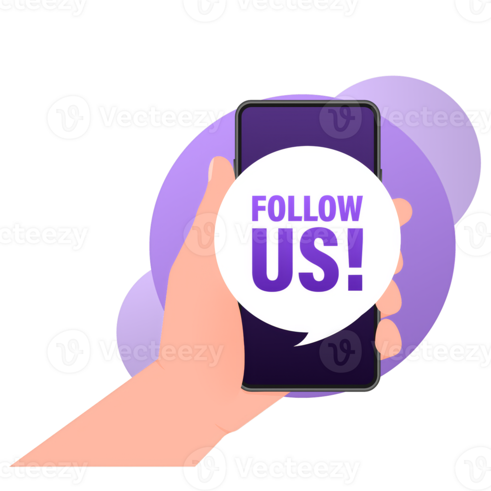 Follow us smartphone banner in 3D style on white background. illustration. png