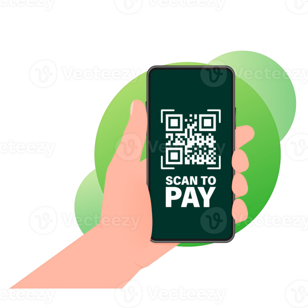 Hand holds phone with scan qr code to pay on screen. Phone on green background. illustration. png