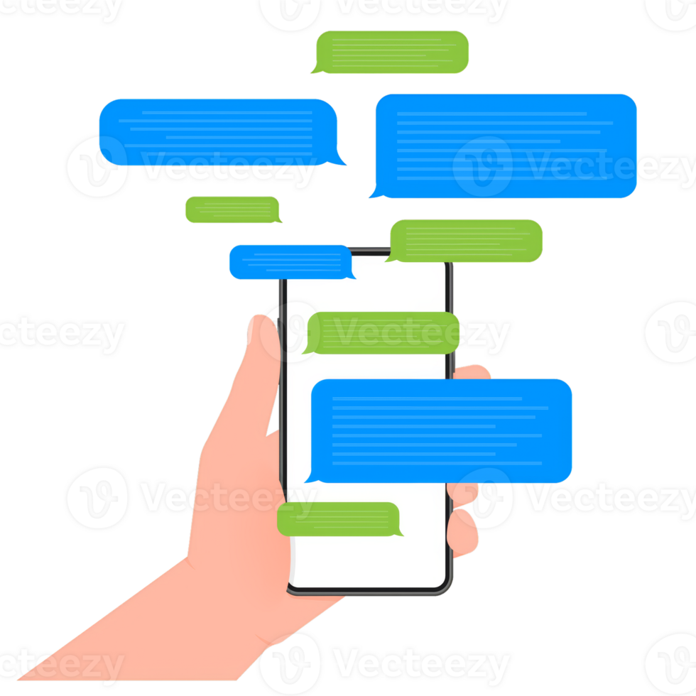 Hand holds phone with chat message on blue background. illustration. png