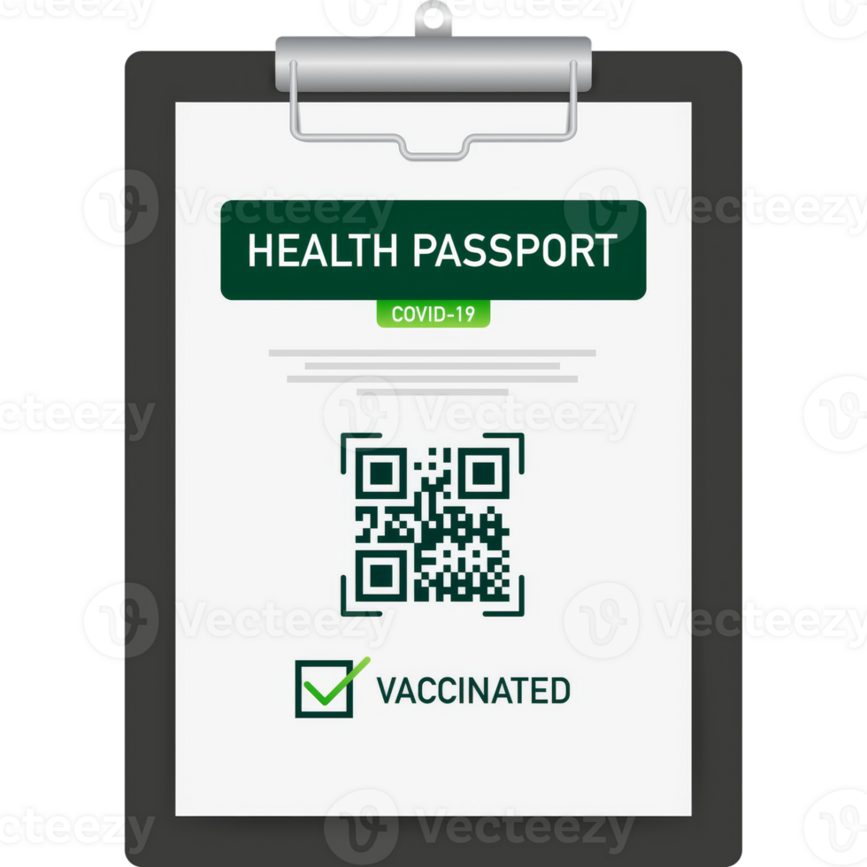 Health passport qr code in linear style on green background. Coronavirus vaccination. Vaccine certificate card png