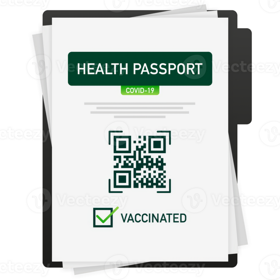 Health passport qr code in linear style on green background. Coronavirus vaccination. Vaccine certificate card png