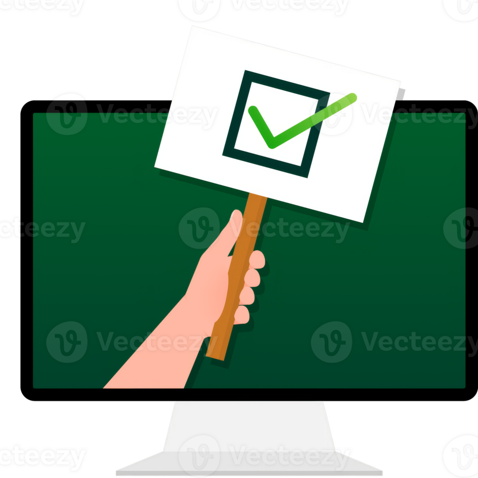Laptop having approved tick notification, successful operation check mark. Laptop with checkmark notification png
