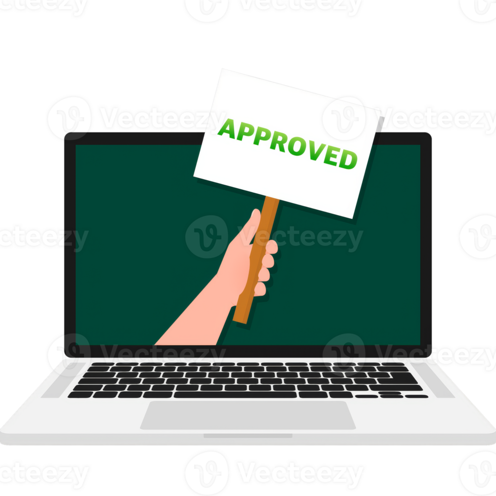 Laptop having approved tick notification, successful operation check mark. Laptop with checkmark notification png