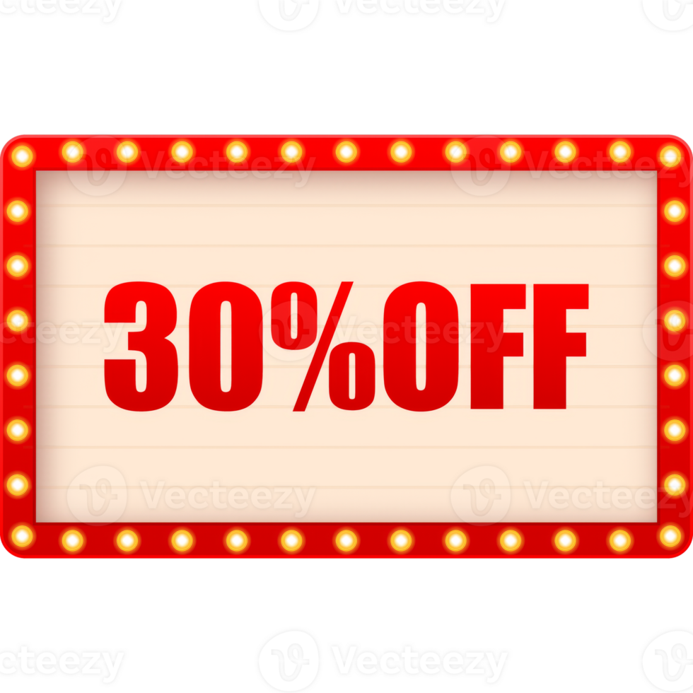 Trendy flat advertising with 30 percent discount retro light badge for promo design. Poster badge. Business design. illustration png