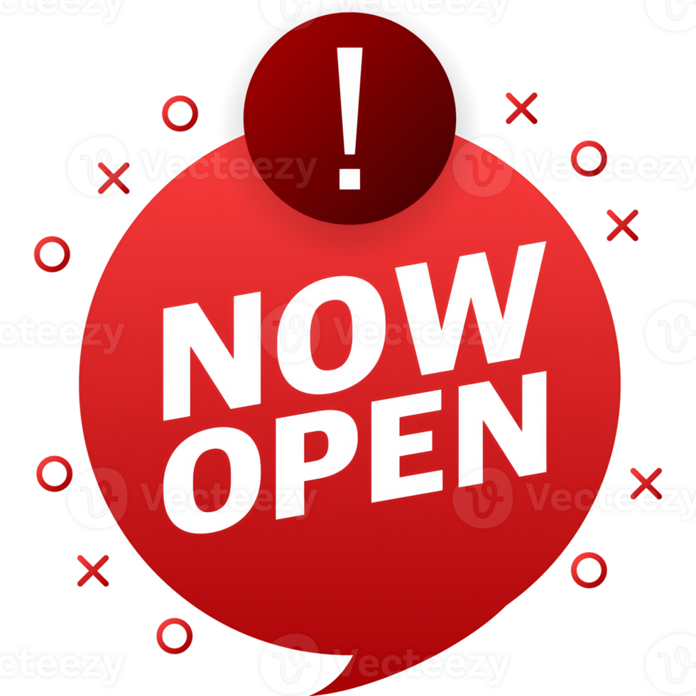 now open red banner. Label with text in flat style. illustration png