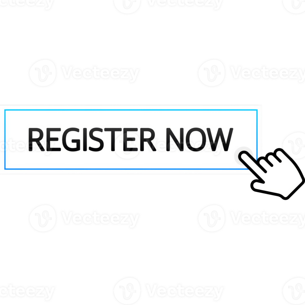 Blue register now label in modern style on white background. Banner promotion. Click button. Sticker design png