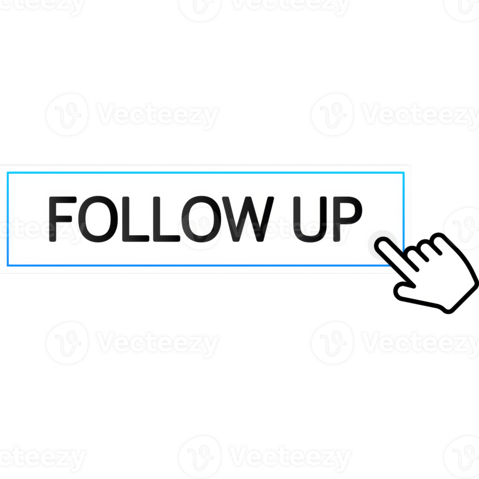 Follow up blue 3D button with hand mouse on white background. illustration png