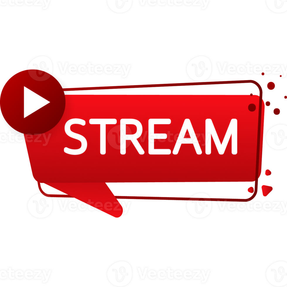 Banner with stream button for marketing design. Live stream logo. Play button icon illustration png