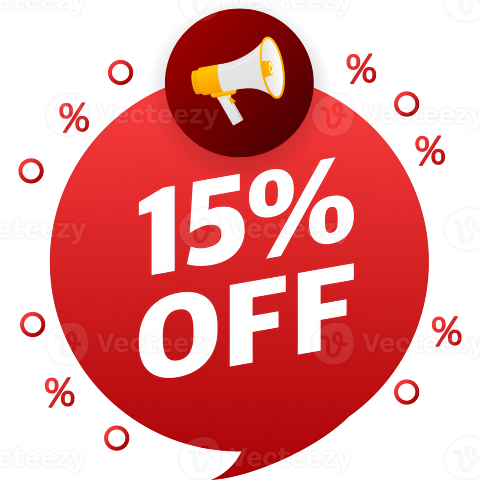 Trendy flat advertising with 15 percent discount flat badge for promo design. Poster badge. Business design. illustration png