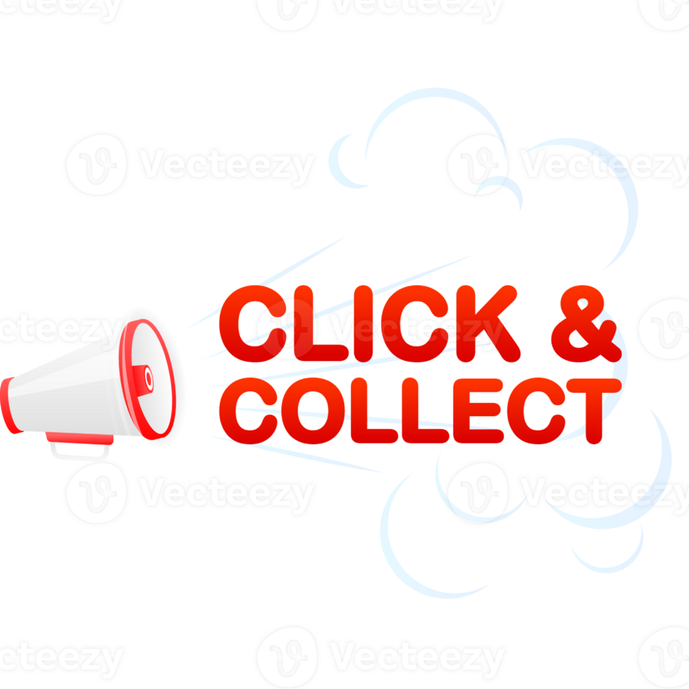 Megaphone yellow banner with click collect sign. illustration png