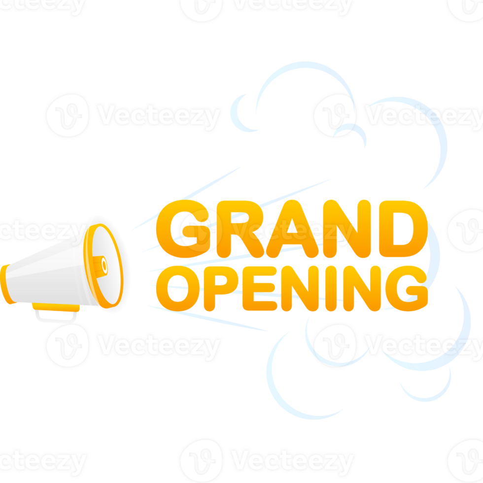 Megaphone red banner with grand opening sign. illustration png