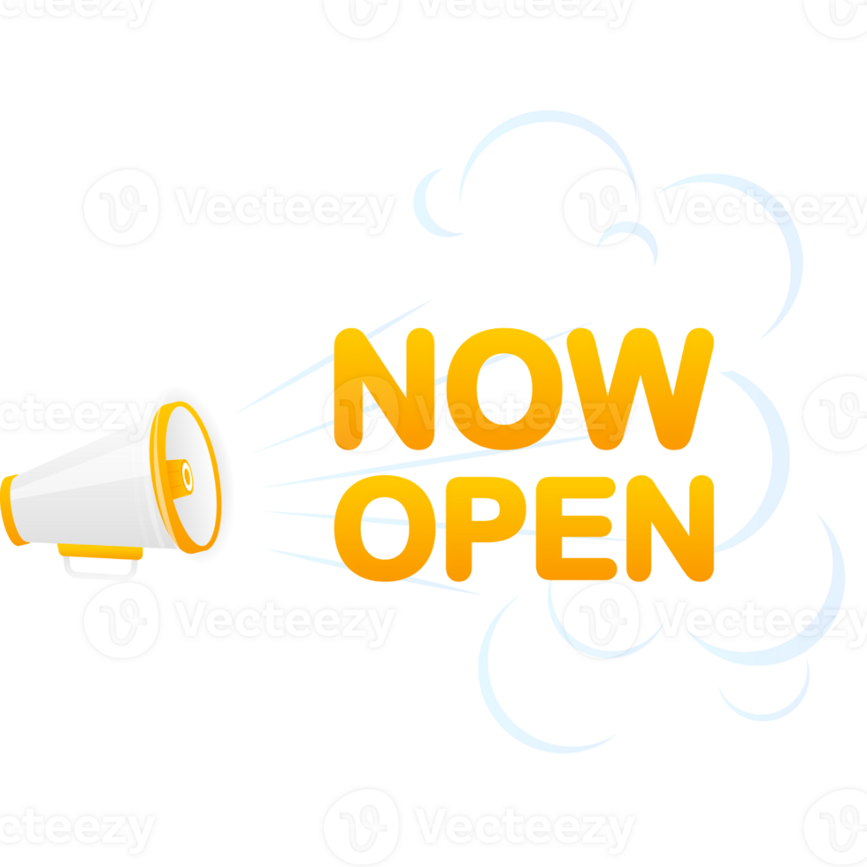 Megaphone red banner with now open sign. illustration png