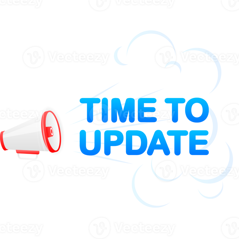 Megaphone blue banner with time to update sign. illustration png