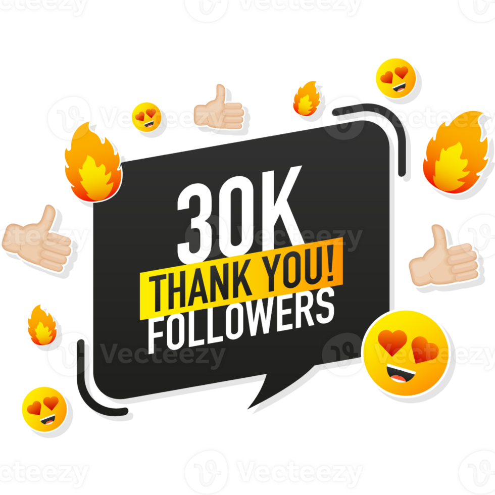 Thank you 30000 followers on yellow background. White background. design. Flat design. Social media png